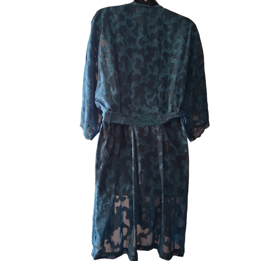 Fredericks of Hollywood Teal Sheer Mesh Lace Trim Robe Damask Scroll Vintage L‎ - Picture 2 of 12